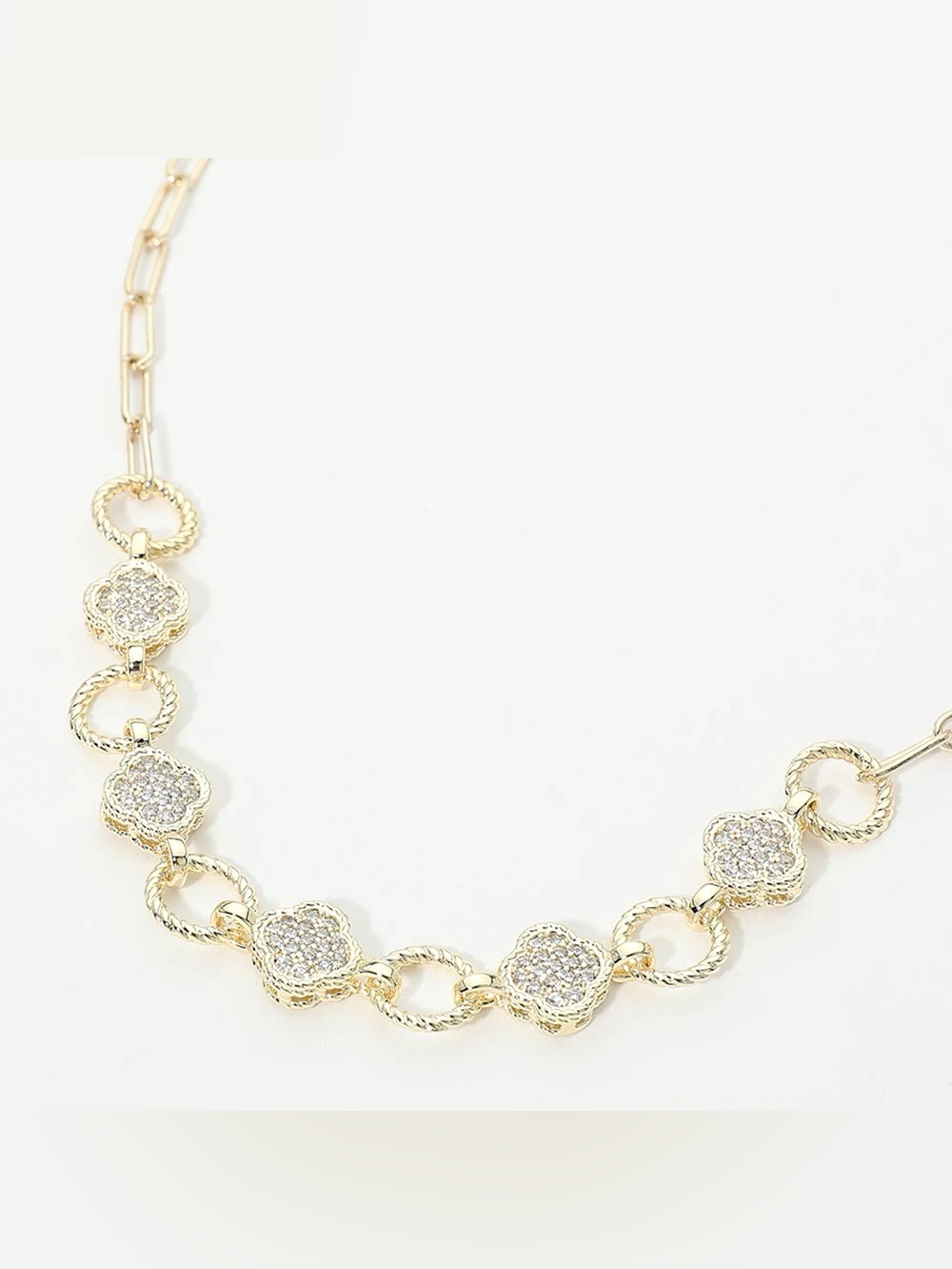 14K Gold Plated CZ Quatrefoil Charm Link Necklace